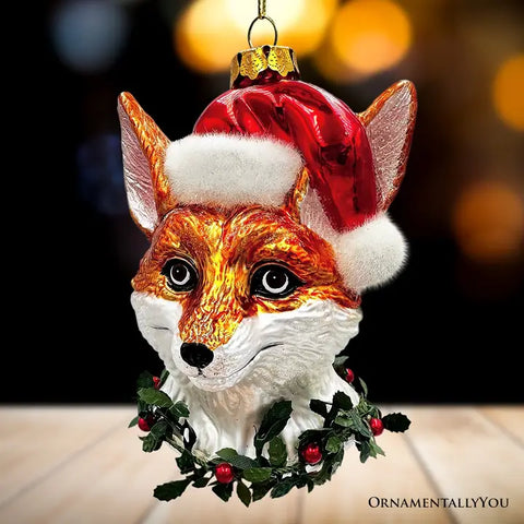 🎄✨ Fox with Santa Hat Glass Christmas Ornament ✨🦊