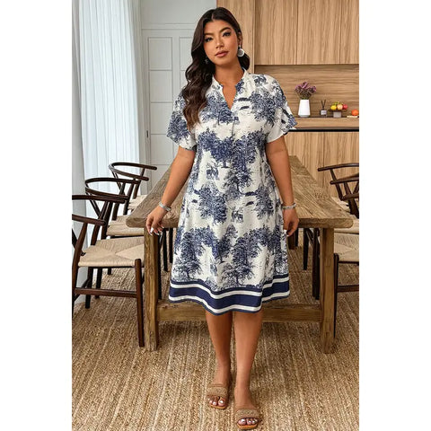 💙 Plus Size Floral Print V-Neck Fit Midi Dress – Navy