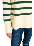 🧵 Striped Mock Neck Sweater-Cream/DK Green