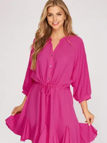 💗 Hot Pink Button-Down Drawstring Mini Dress – Sweet Briar Bold, Made Effortless-Limited Edition