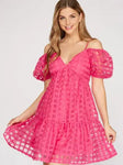 💗 Pink Puff Sleeves Off-Shoulder Checkered Organza Mini Dress – Boldly Sweet Briar