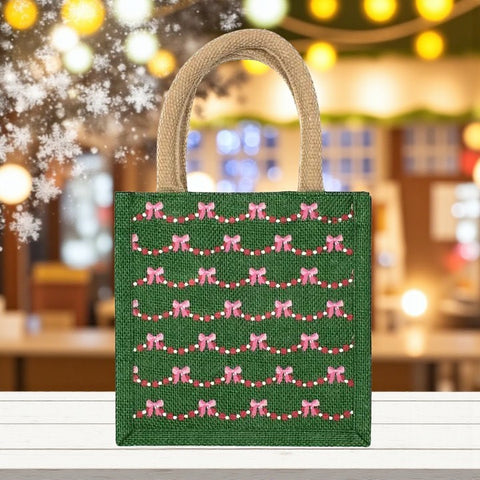 🎀 Bow Garland Petite Gift Tote – Green/Red/Pink 7x7x5 🎄