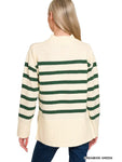 🧵 Striped Mock Neck Sweater-Cream/DK Green