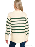 🧵 Striped Mock Neck Sweater-Cream/DK Green