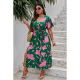 🌸 Plus Floral Short Sleeve Split Belted Midi Dress