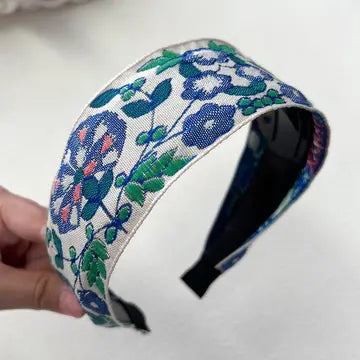 🌿 Bohemian Flower Bow Headband – Green & Blue- Wide