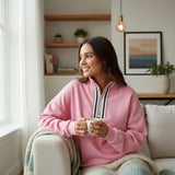 💗 Sachet Pink Contrast Green Striped Patchwork Zip Collar Pullover Sweatshirt