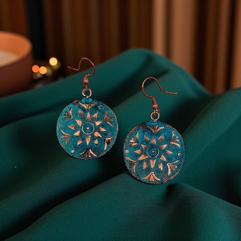 ✨ Copper Patina Earrings – Teal Sun Flower Circle