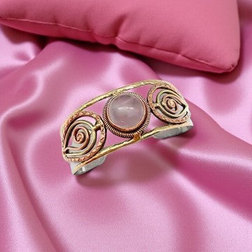 ✨ Narrow Mixed Metal Cuff Bracelet – Rose Quartz