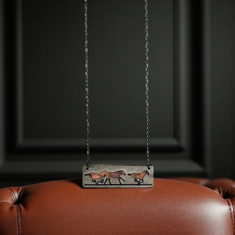 ✨ Pewter Necklace – Running Horses in Rectangle