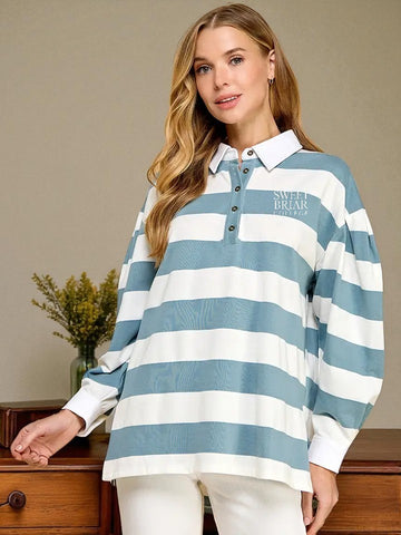 🌸 Motion Oversized Rugby-Style 3/4 Sleeve Shirt-SBC Logo Embroidered Blue