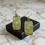 ✨ Brass Patina Earrings – Chartreuse Floral Scrollwork