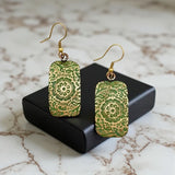 ✨ Brass Patina Earrings – Chartreuse Floral Scrollwork