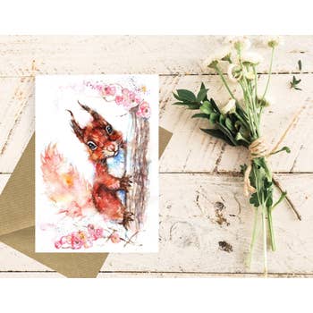 Red Squirrel and Blossoms Art Card